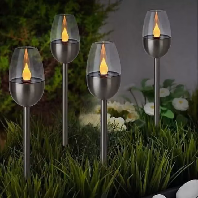 Garden Mile Set of 4 Solar Powered Flame Effect Stake Lights in Silver