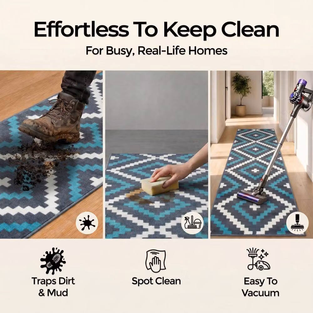 Bravich LTD Modern Geometric Tile Hallway Runner Rug, Non-Slip Low Pile in Teal, W: 60 cm, L: 300 cm – 6