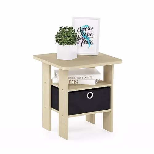 Furinno Andrey Side Table and Nightstand with Bin Drawer in Steam Beech and Black