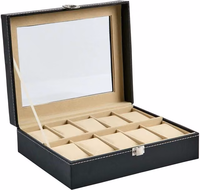 FLAVORA 10 Grid PU Leather Watch Display Box and Collection Storage Case in Black