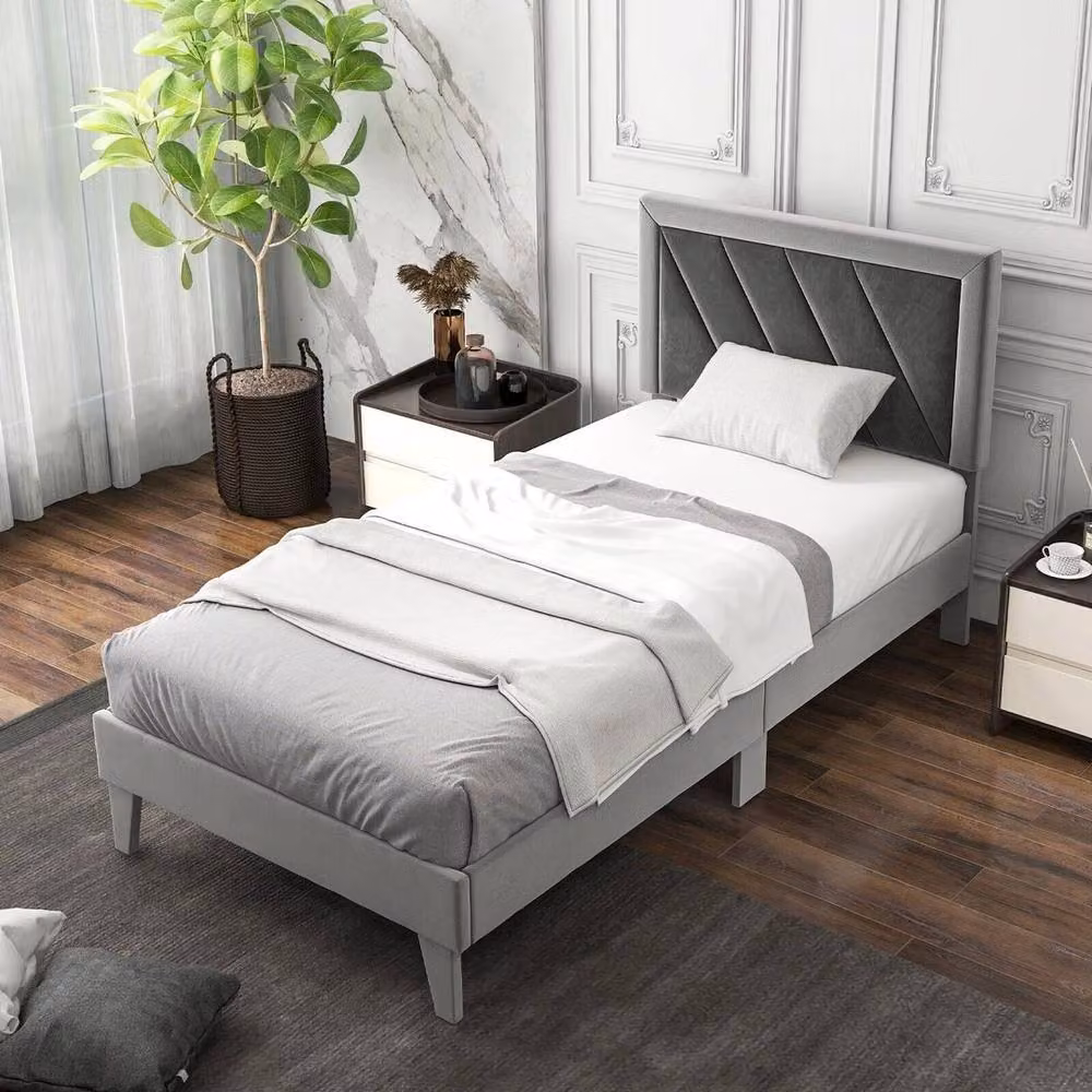 SPETLEK Single Velvet Upholstered Platform Bed Frame with High Headboard in Grey – 4