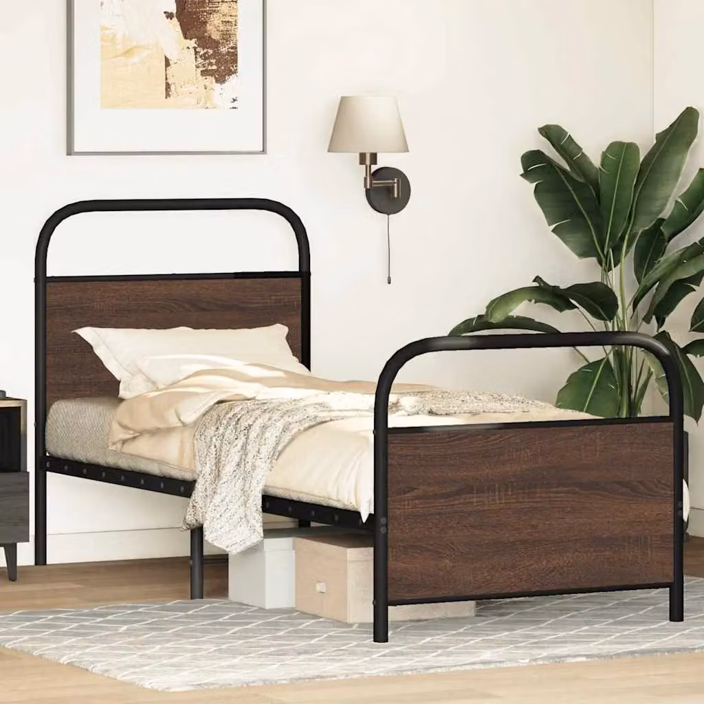 Berkfield Home Bed Frame in Brown Oak with Metal Frame and Fixed Slats, W/D/H: 80 x 200 cm – 3