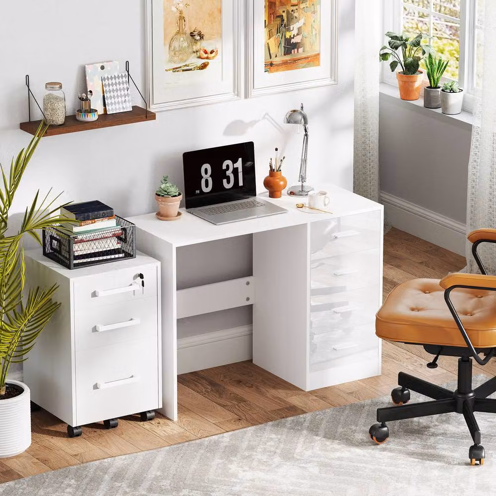 STILVORA Modern Writing Desk with Dual Pedestal and High Gloss White Finish – 8