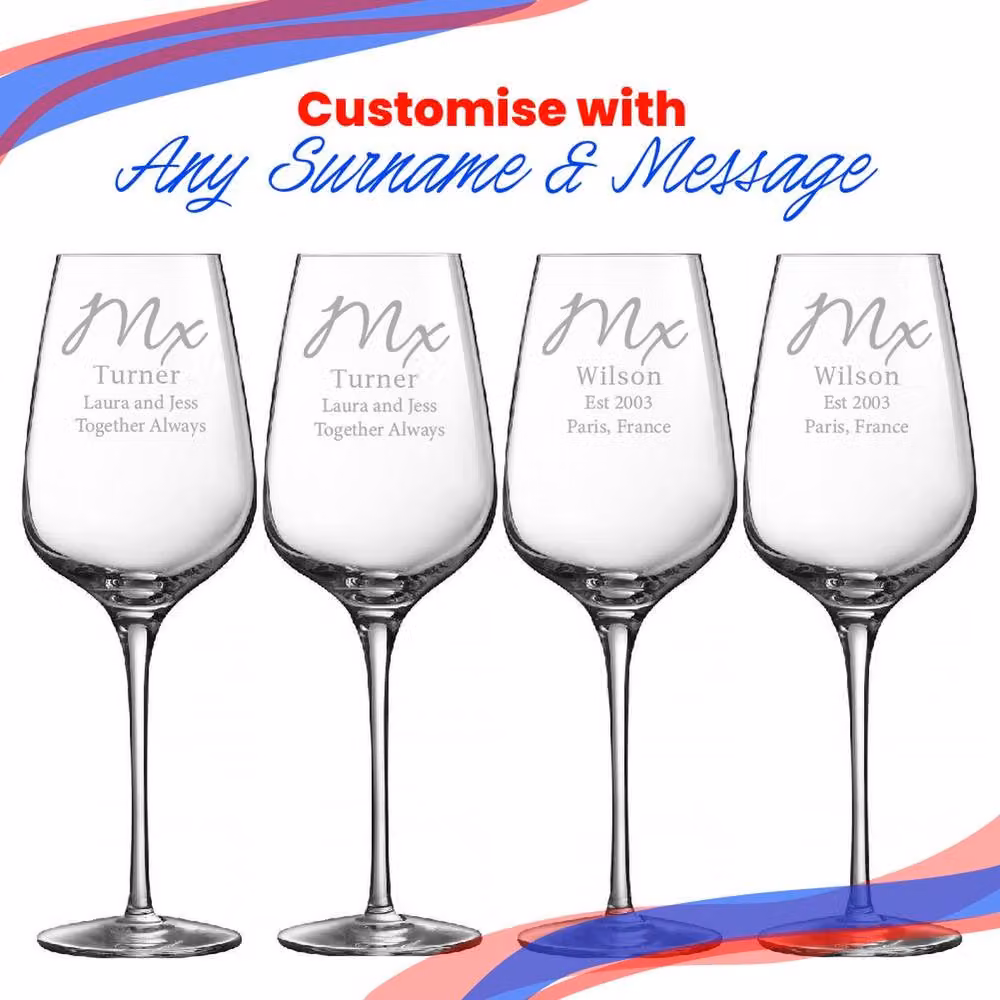 Uniqueful Personalised Gender Neutral Wedding Wine Glasses for Mx Couples in Clear Crystal Glass – 3