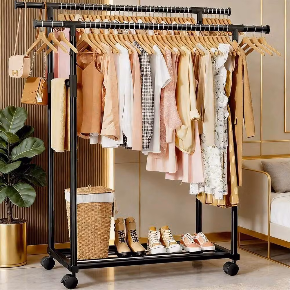 FORGEVIO Heavy Duty Metal Double Rail Clothes Garment Rack in Black, W/D/H: 50 x 73 x 143 cm – 2