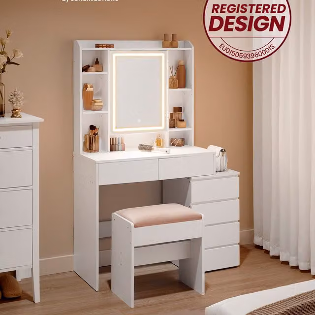 VASAGLE Modern Dressing Table with Hollywood LED Lighted Mirror in White