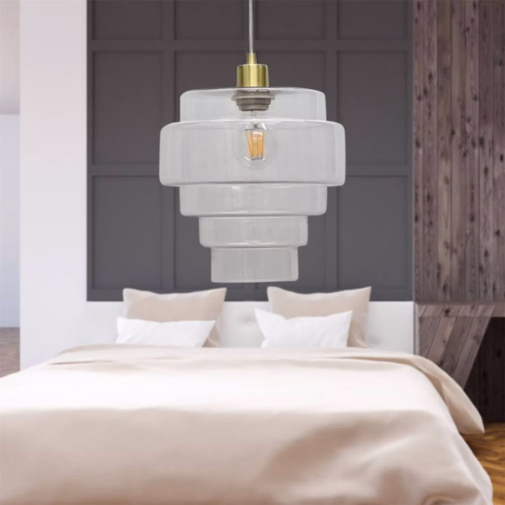 First Choice Lighting Benson 5 Tier Clear Glass and Satin Brass Ceiling Pendant Light, H 113 cm x W 23.5 cm x D 23.5 cm – 3