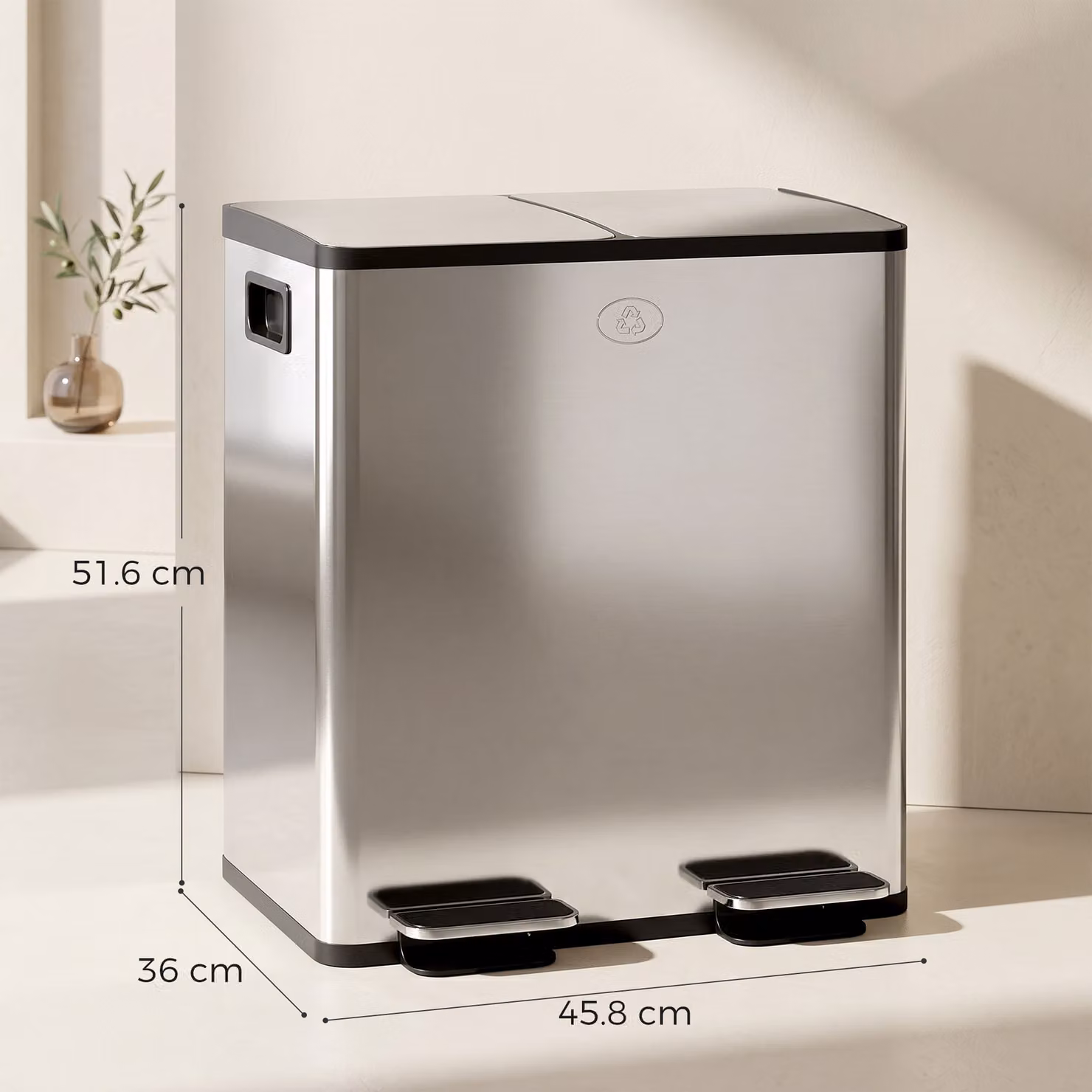 HOMCOM Silver Dual Kitchen Pedal Bin, 2 x 20L Stainless Steel Bins with Soft Close Lids and Removable Inner Buckets – 3