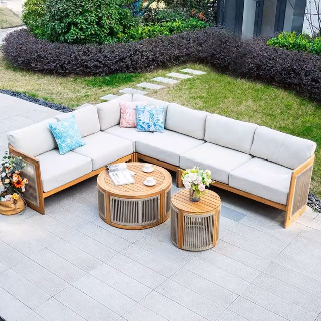 MIMO 6 Person Solid Acacia Wood L-Shape Outdoor Garden Corner Sofa Set with Beige Cushions and Coffee Table – 1