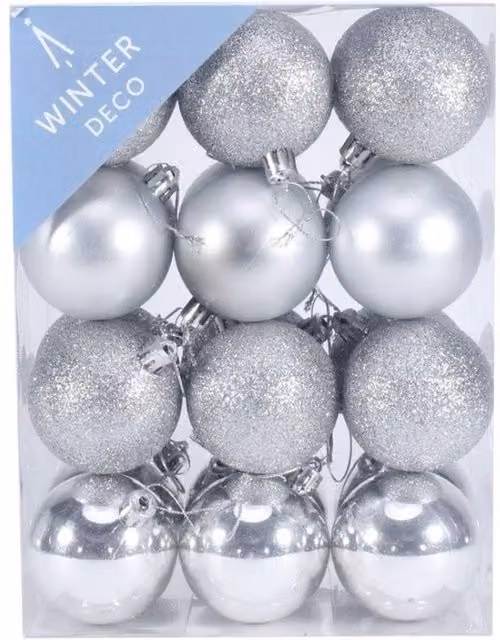KDMD Silver Shatterproof Round Christmas Baubles, Pack of 24, Diameter: 6 cm