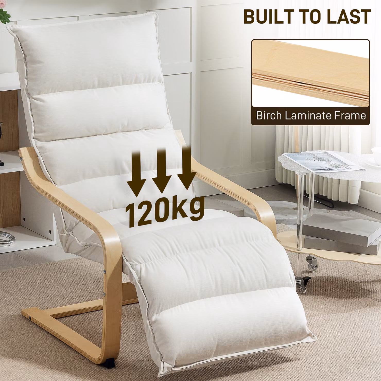 HOMCOM Curved Wooden Accent Chair with Adjustable Footrest in Cream White Velvet with Solid Birch Wood Frame – 3