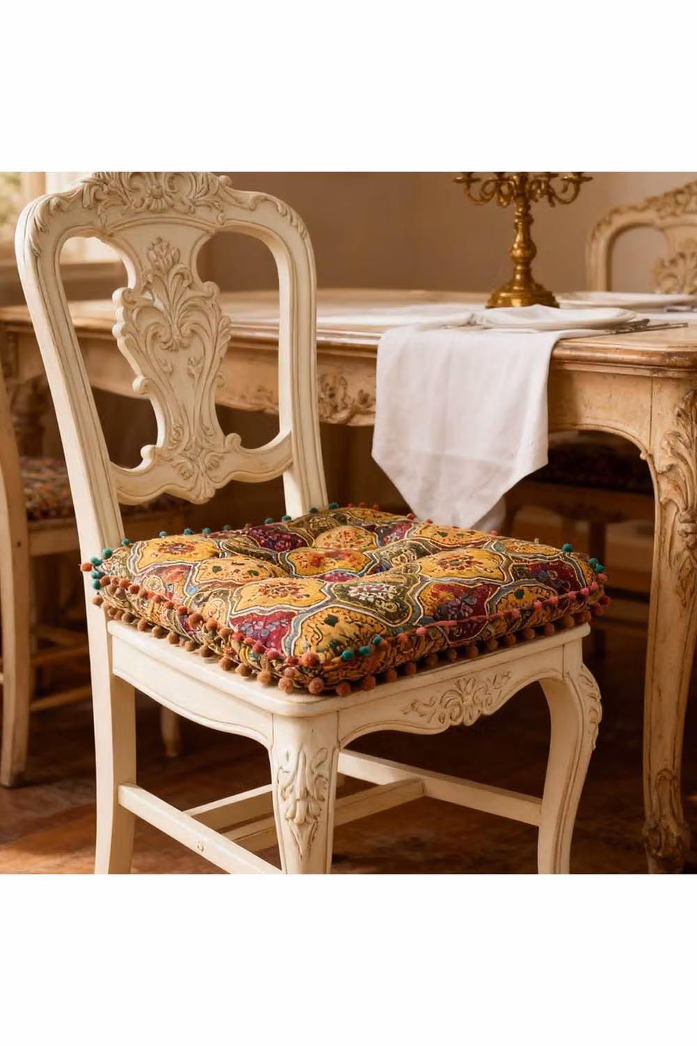 Living and Home Bohemian Patterned Pom-Pom Trimmed Linen Seat Cushion in Yellow and Multicolour, W/D/H: 40 x 40 x 8 cm – 2