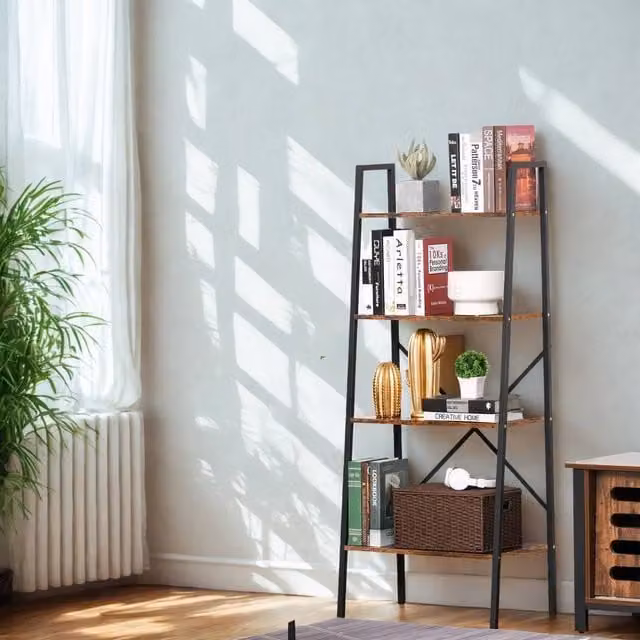 Pirlo Plush 4 Tier Freestanding Ladder Shelf for Living Room Storage, Rustic Brown, H 145 x W 60 x D 37.5 cm