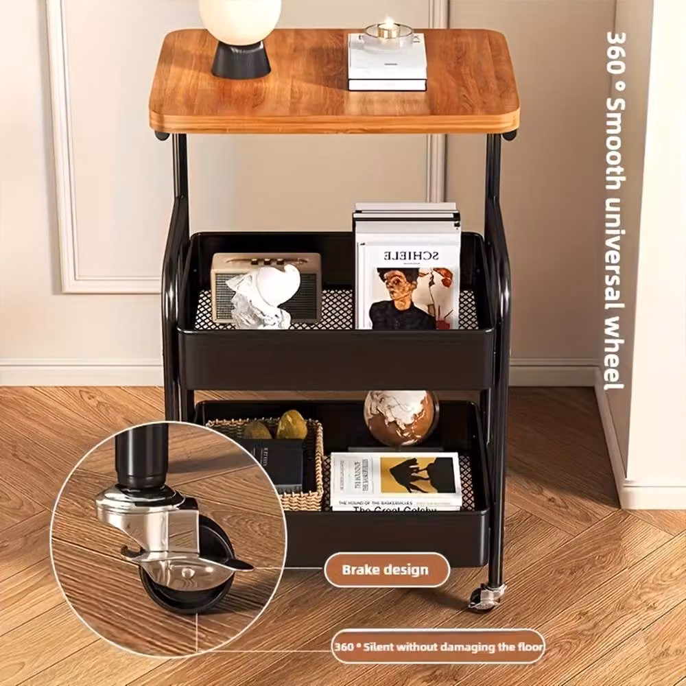 Ventryn Modern Mobile Storage Cart with Wooden Desktop and Sturdy Metal Frame in Black and Brown – 3