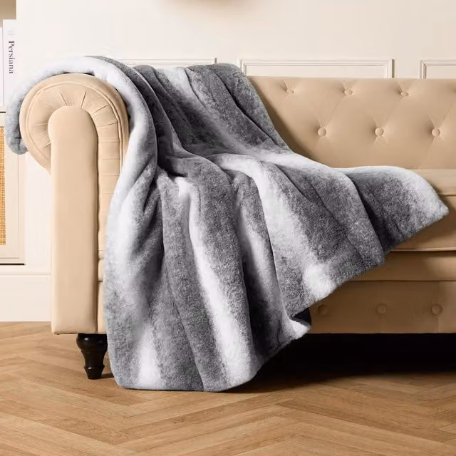 OHS Fluffy Faux Fur Striped Throw in Grey
