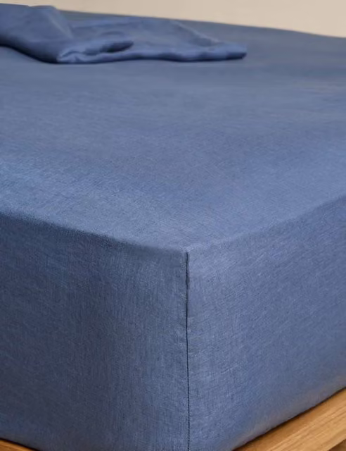M&S Pure Linen Breathable Deep Fitted Sheet, Slate Blue, W/D/H: 180 x 200 cm