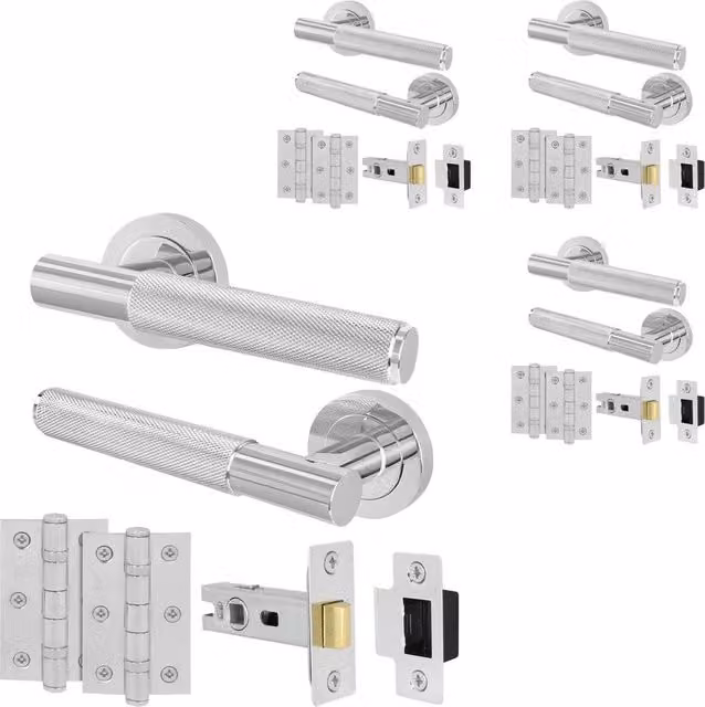 AFIT Polished Chrome Rose Latch Kit with 4 Pairs of Knurled Silver Hinges
