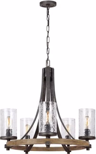 Feiss Angelo 5 Light Chandelier in Brown and Grey with Glass and Wood Details – 1