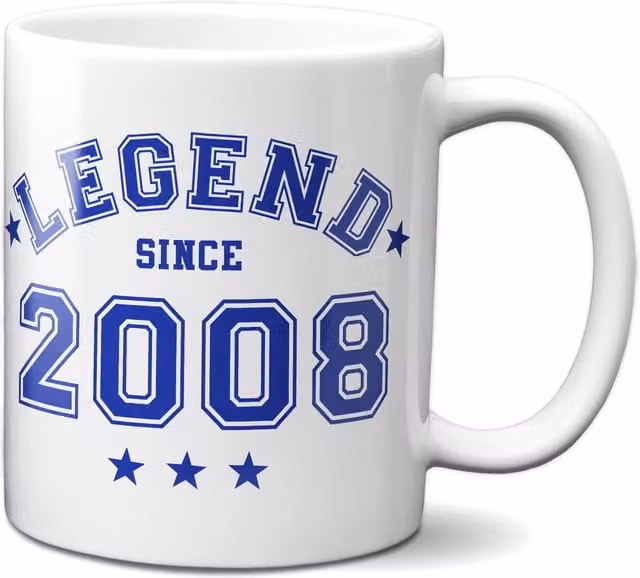 Bad Zebedee Legend Since 2008 18th Birthday Anniversary Ceramic Mug in Blue and White, 300ml