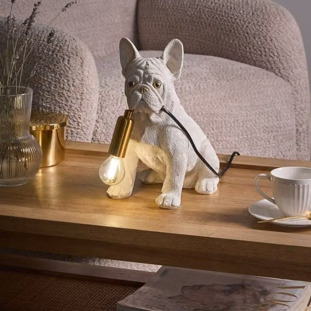 Wyld and Coco Bulldog Table Lamp in White Polyresin with Gold Eyes