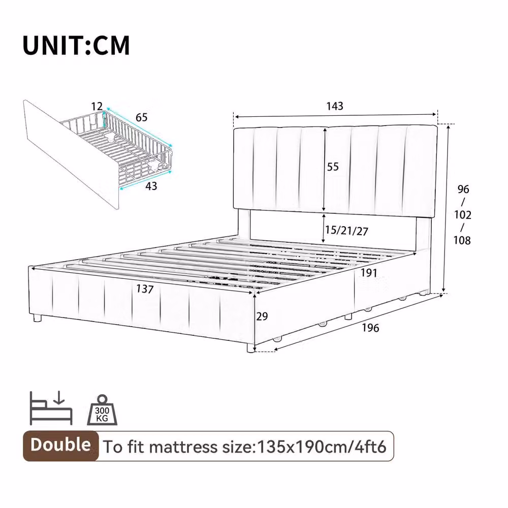 STILVORA Double Upholstered Velvet Bed with Storage Drawers in Grey, W/D/H: 140 x 200 cm – 3