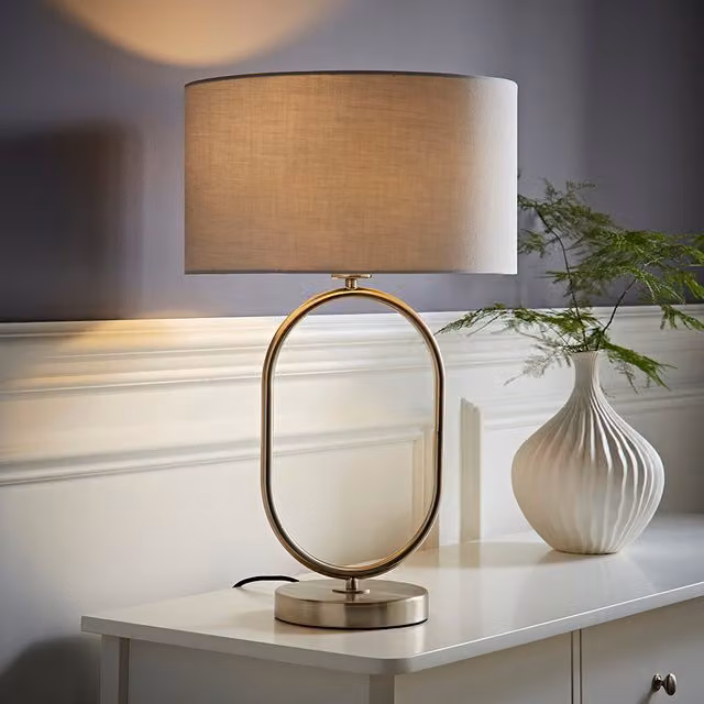 Antonia Brushed Chrome Oval Table Lamp with Grey Fabric Drum Shade