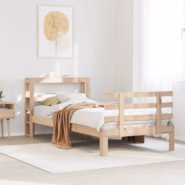 Berkfield Home Rustic Brown Solid Pine Bed Frame with Headboard and Side Compartments, W/D/H: 90 x 200 cm
