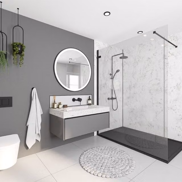 Wetwall Roman Marble Stone Look Bathroom Wall Panel, White, H x W x D: 244 x 120 x 0.4 cm