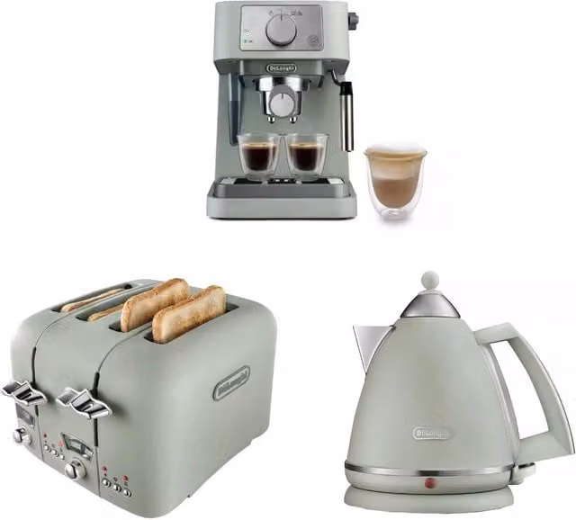 De'Longhi Argento Green Kettle 1.7 l, 4-Slice Toaster and Stilosa Coffee Machine Set