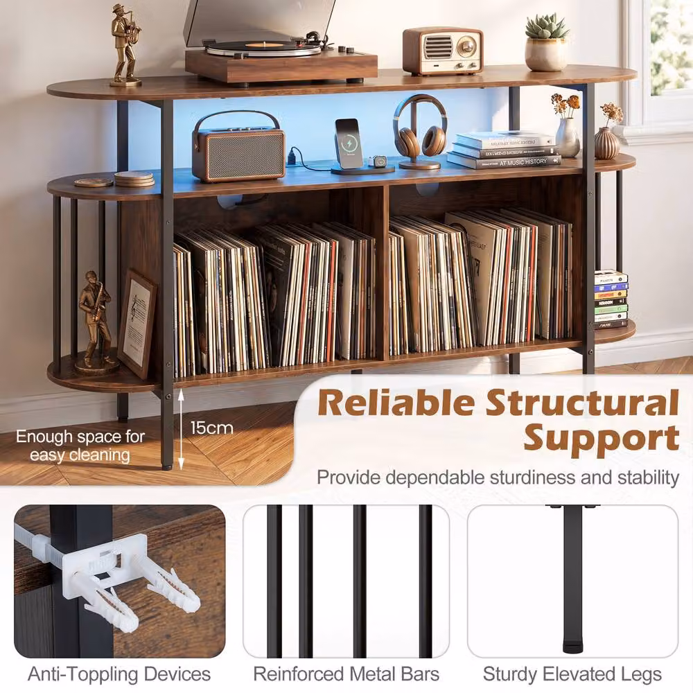 Gymax 3-Tier Brown Vinyl Cabinet and Record Player Stand with Integrated Lighting and Media Compartments – 4
