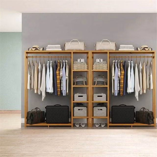 KORVIXA Bamboo Garment Rack with Shelves in Natural Brown
