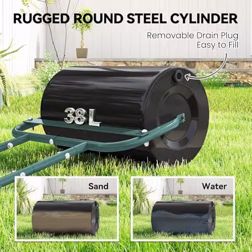 Outsunny Manual Garden Lawn Roller Aerator in Dark Green, holds 62kg of Sand or 38L of Water – 3