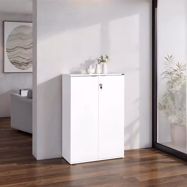 FWStyle Modern White 2 Door Lockable Office Storage Cabinet with Adjustable Internal Shelves – 1