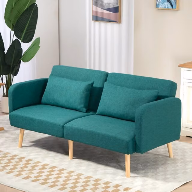 HOMCOM Green Fabric Convertible Click-Clack Sofa Bed with Scatter Cushions and Spring Core, 140 x 200 cm