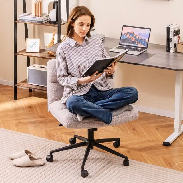 Costway Modern Grey Task Chair with Bouclé and Synthetic Leather Upholstered Frame