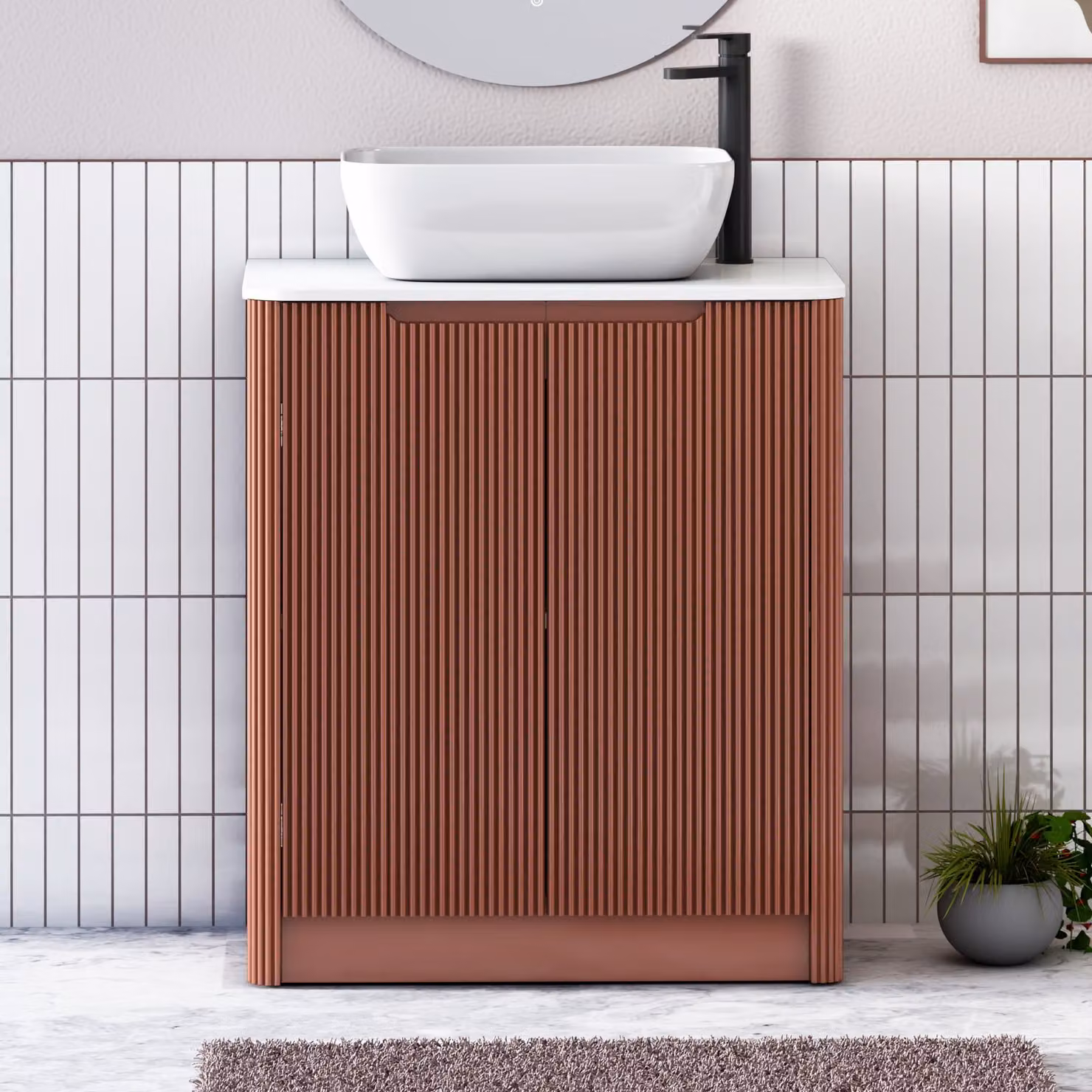 Royal Bathrooms Avenza 600mm Terracotta Clay Floor Standing 2 Door Vanity Unit with White Worktop and Elva Basin