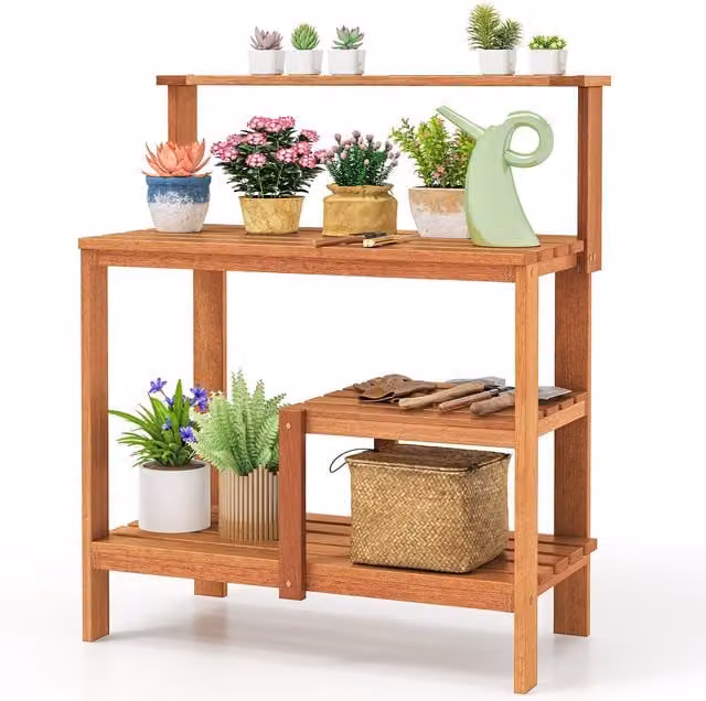 Gymax Rustic Wood Garden Potting Bench Table and Planting Workstation with Open Shelves in Brown – 1