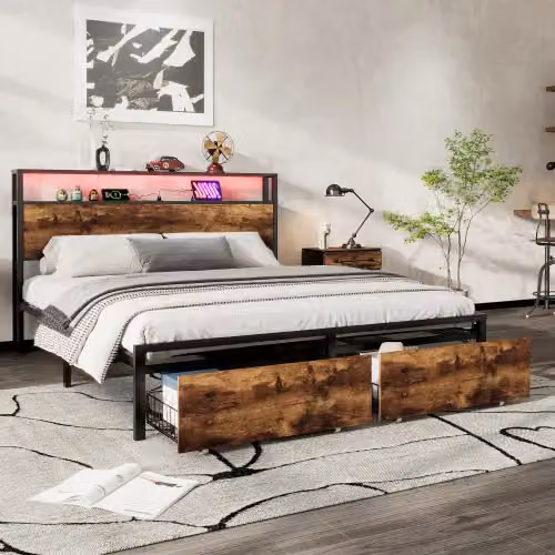 Matteo Black Metal Double Bed with LED Light Strip, 2 Drawers and USB Charging Ports, 140 x 200 cm – 2
