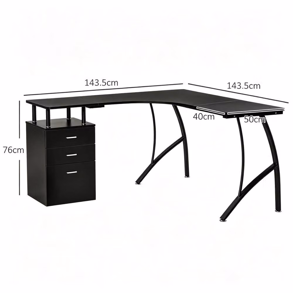 STILVORA L-Shaped Corner Desk with Single Pedestal in Black Matt Finish – 3