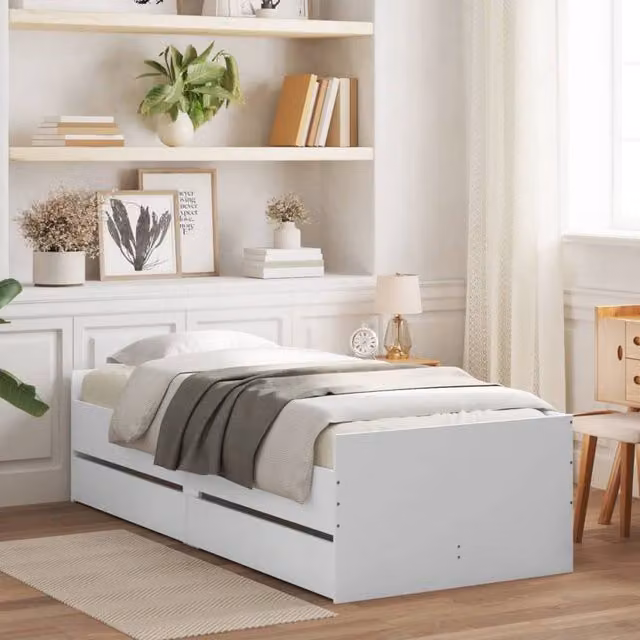Berkfield Home Single Bed Frame with Drawers in White, W/D/H: 90 x 190 cm