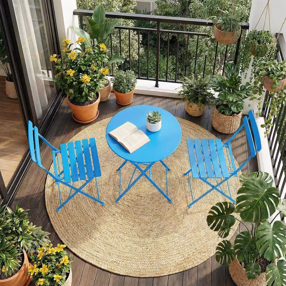 London Boutique 3-Piece Metal Bistro Set with Round Table and 2 Chairs in Matt Blue – 4