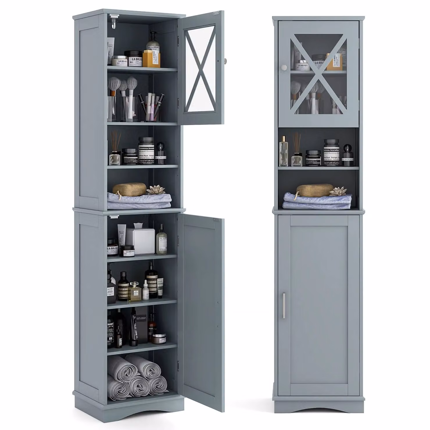 Costway Grey Freestanding Corner Bathroom Storage Cabinet with Internal Shelves and Open Shelf Design – 4