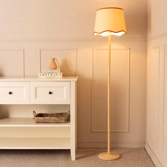 ValueLights Triston Natural Wood Floor Lamp with Orange Scallop Fabric Shade and LED Bulb