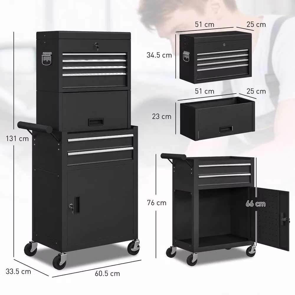 STILVORA Black Steel Tool Chest with Lockable Drawers, Cupboards and Pegboard, W/D/H: 131 x 60.5 x 3.0 cm – 3