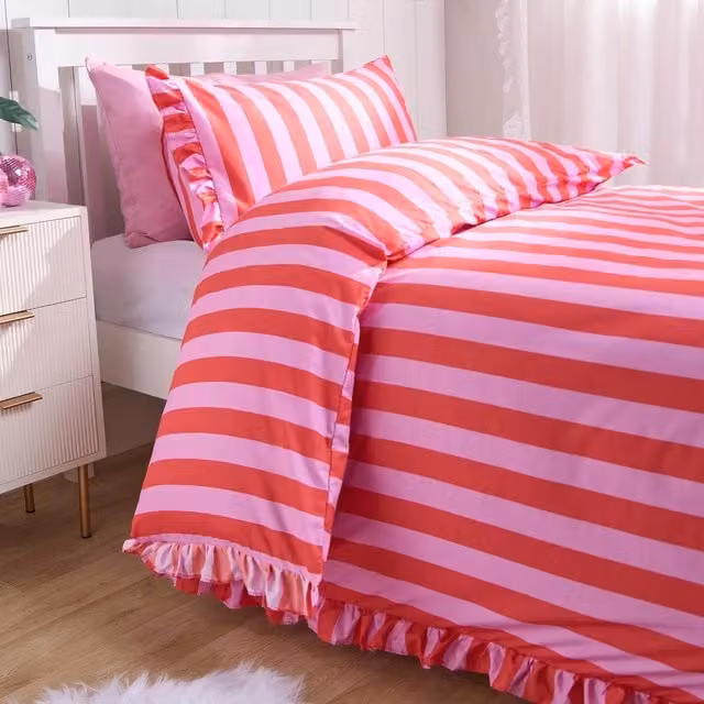 OHS Striped Frill Duvet Cover Set in Pink and Red, 90 x 200 cm