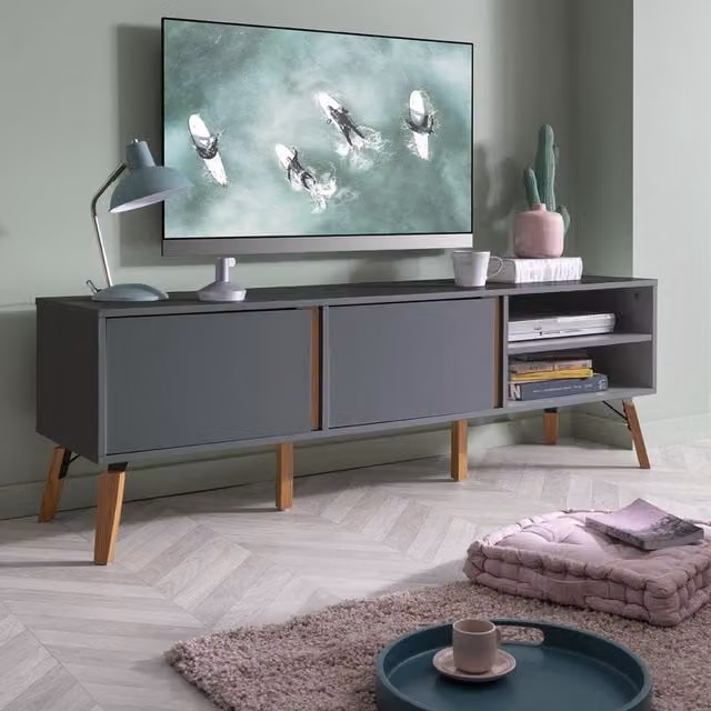 Otto Mid-Century Modern Grey Pine Wood TV Unit