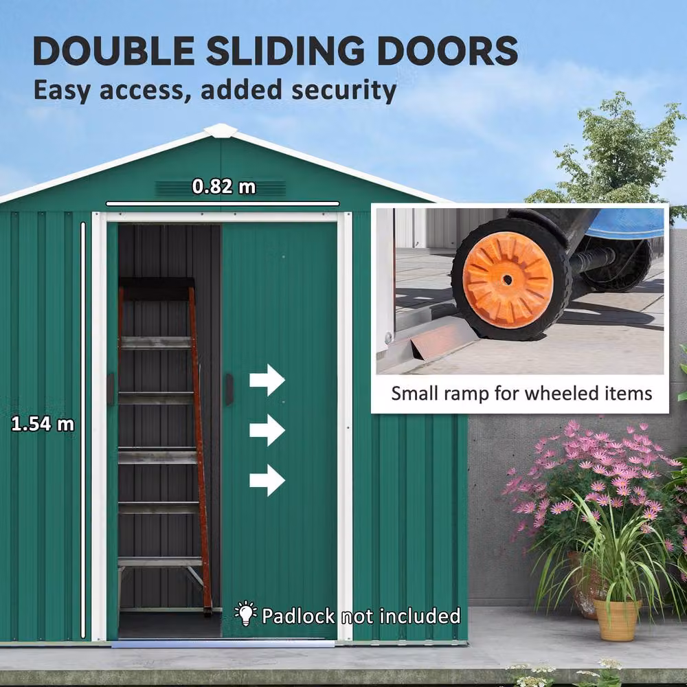 Rolipo Metal Garden Shed with Sliding Doors and Vents, Green, W/D/H: 198.12 x 106.68 x 106.68 cm – 6