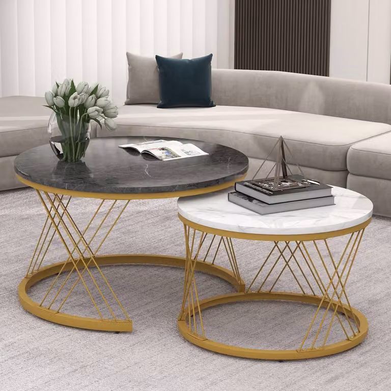 STILVORA Modern Nesting Coffee Table Set with Round MDF Laminate Tops and Metal Frame in White, Black and Gold