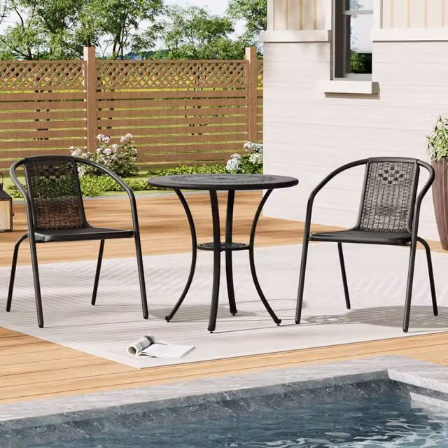 Livingandhome Modern Black Matt Cast Aluminium Round Patio Dining Table and 2 Stacking Chairs Set