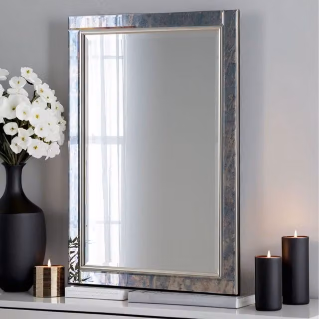 Yearn Antique Mottled Lunar Bevelled Rectangular Wall Mirror in Silvery Champagne